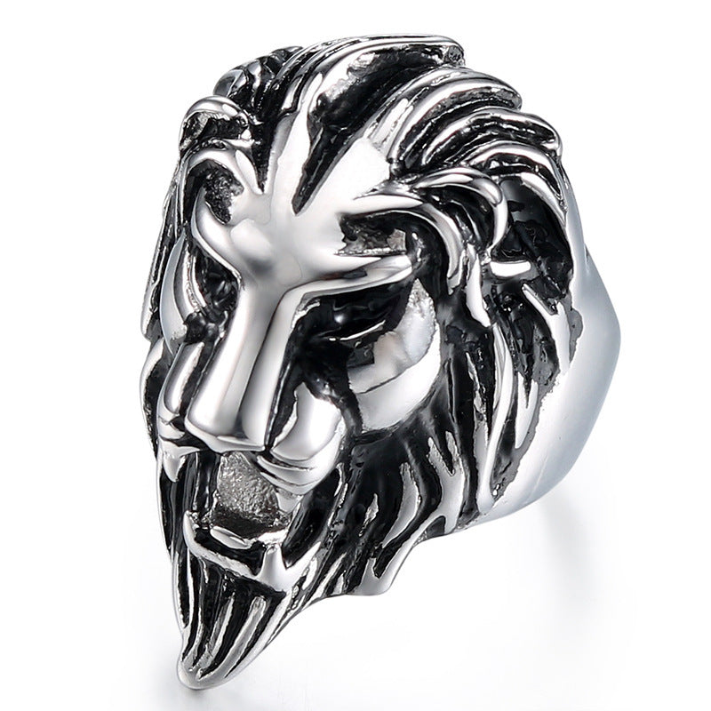 Titanium Steel Lion Head Ring for Men - Retro Punk Design in European and American Fashion