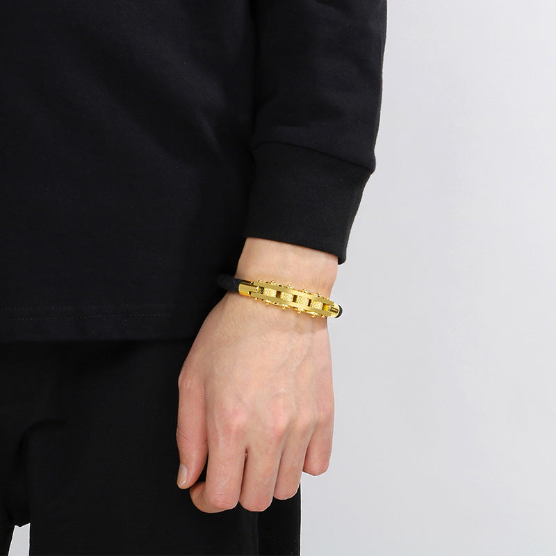 Business Style Strap Chain Woven Leather Rope Bracelet – Stainless Steel Bicycle Chain