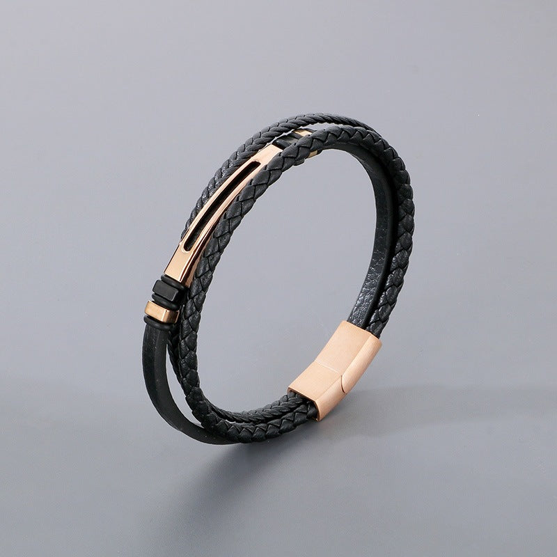 Multi-Layer Leather Rope Bracelet – Black Woven Leather Layered Stainless Steel