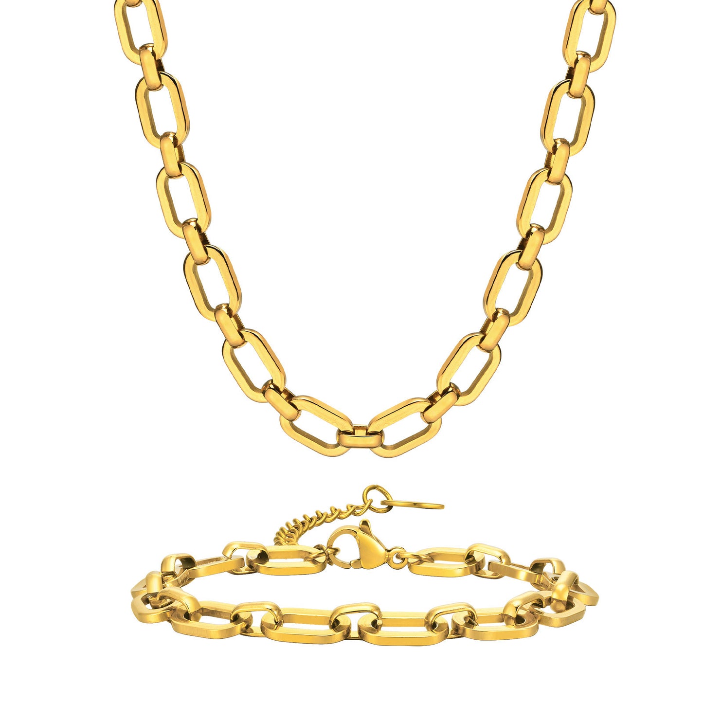 Stainless Steel Flat Cross Chain 18K Gold Bracelet Necklace Set