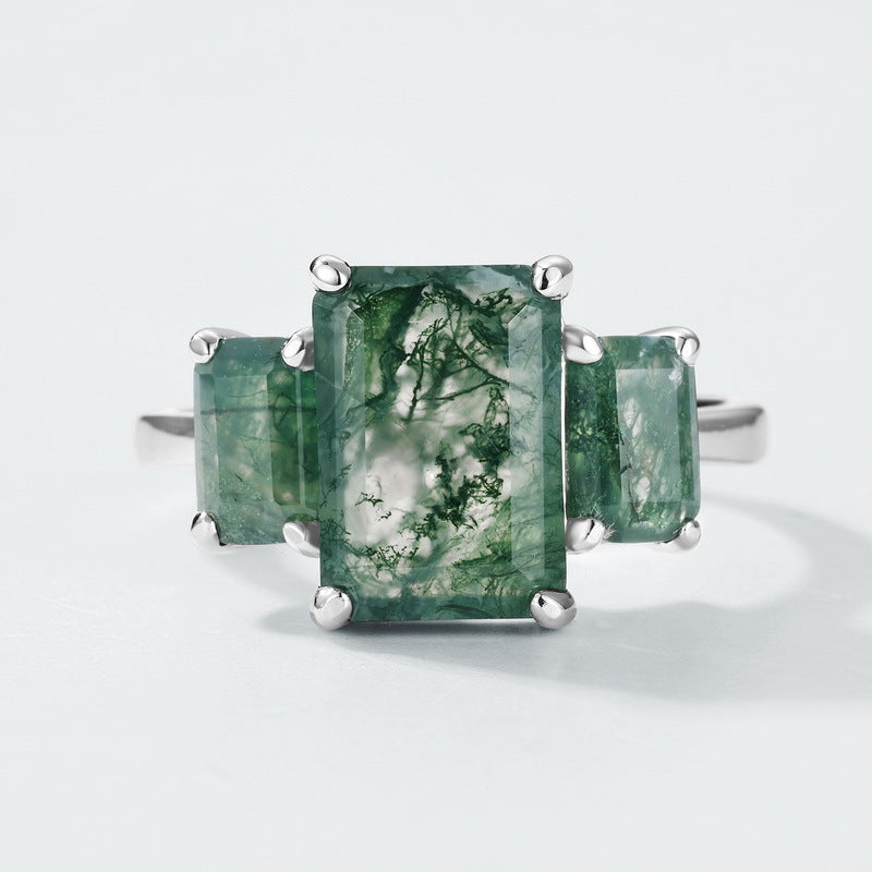 Planderful Jewelry Sterling Silver Moss Agate Ring Three Stone Adjustable Band Natural Green Stone