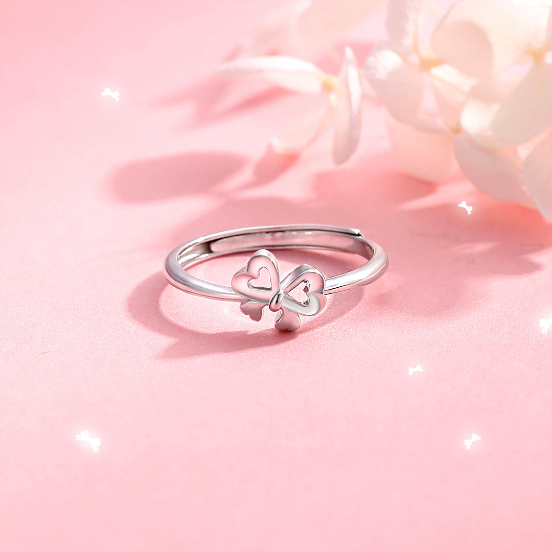 Planderful S925 Sterling Silver Love Bow Ring For Women Adjustable Opening Versatile High End Jewelry