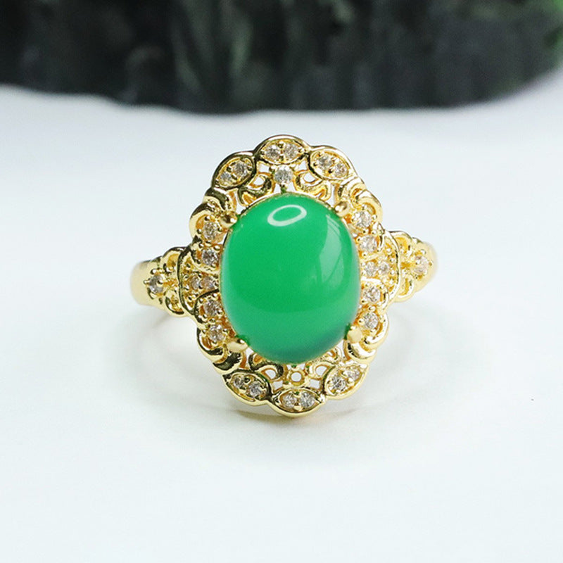 Golden Palace Style Chalcedony Ring with Zircon Flower Lace