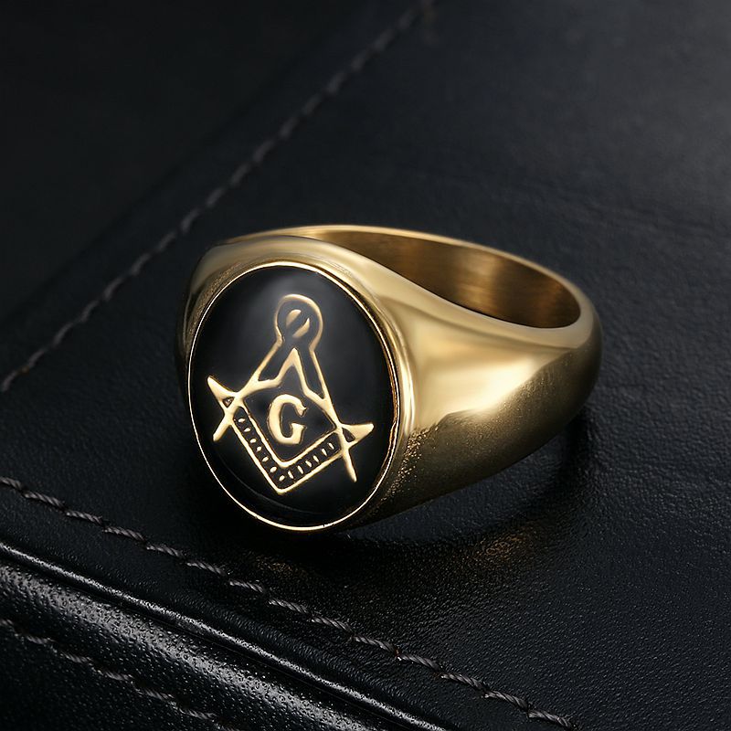 Planderful Everyday Genie Hip Hop Ring For Men Titanium Steel Gold Plated Freemason Design