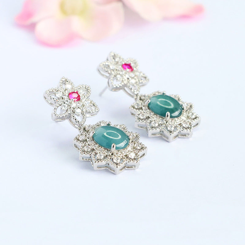 Blue-Water Jadeite Cherry Blossom Stud Earrings