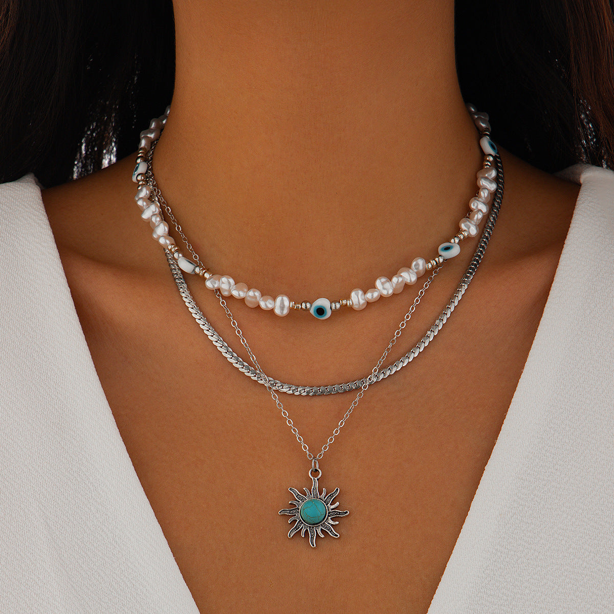 Court Retro Devil'S Eye Necklace Sun Pendant Irregular Pearl Multi-Layer Stacked Necklace