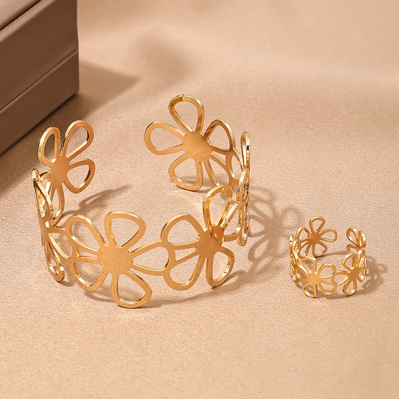 Openwork Flower Design Metal Jewelry Set for Women - Bracelet and Ring Duo
