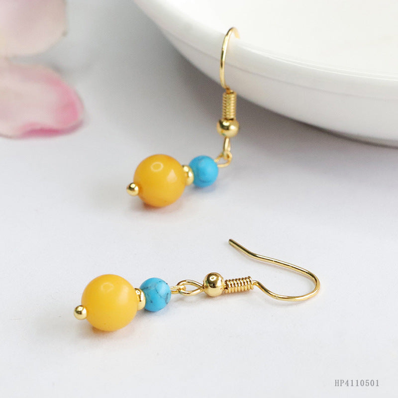 Yellow Beeswax Amber Bead Drop Earrings