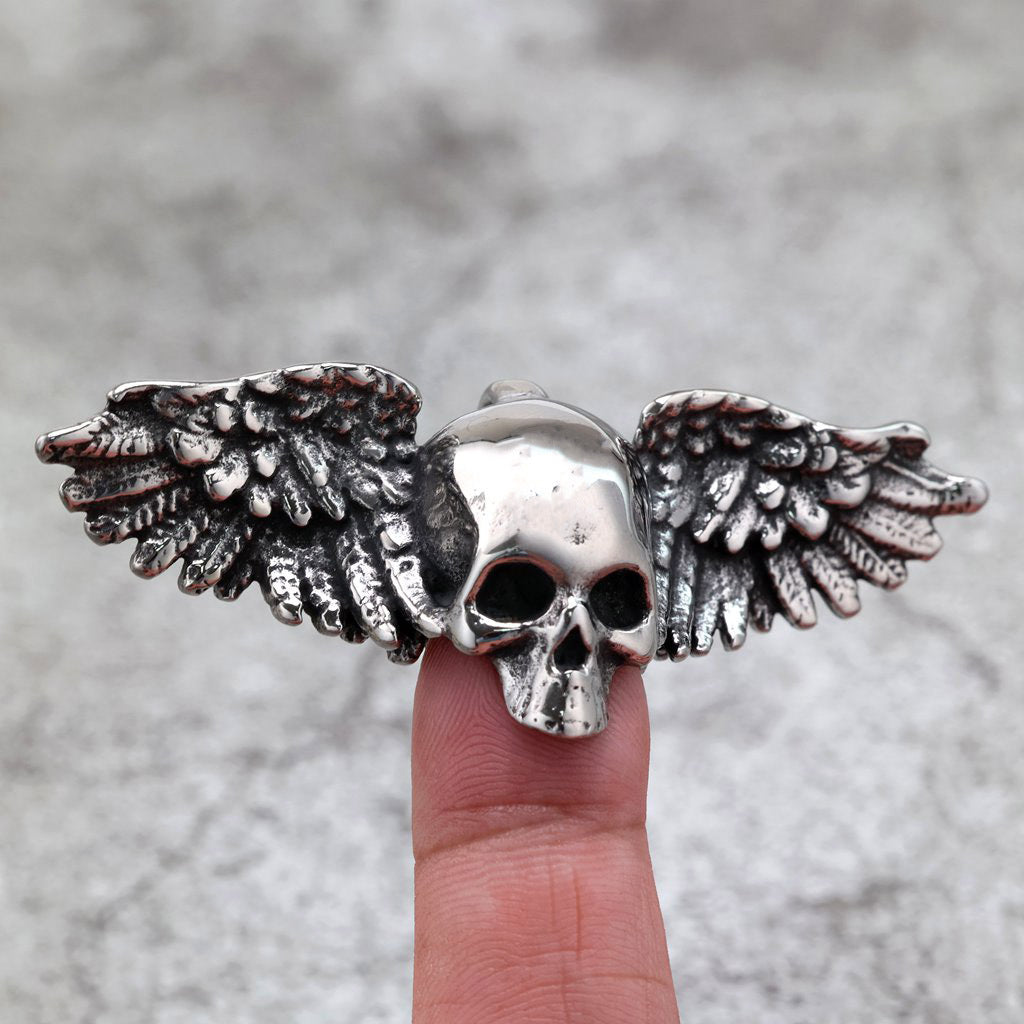 Planderful Unisex 3D Skull Wing Pendant Necklace in Retro Stainless Steel Everyday Genie Edition