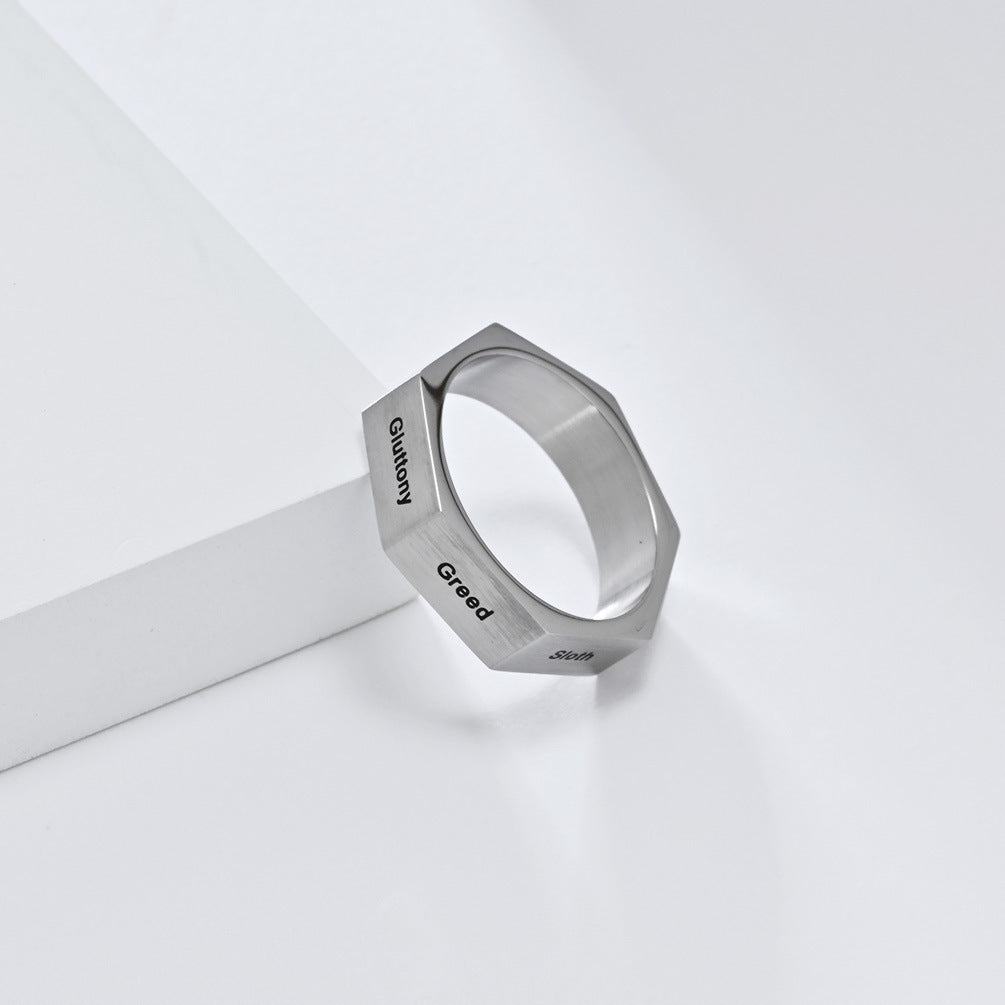 Steel Ring - Statement Genderless Everyday Genie Collection Inspired by Seven Deadly Sins and Virtues - Planderful
