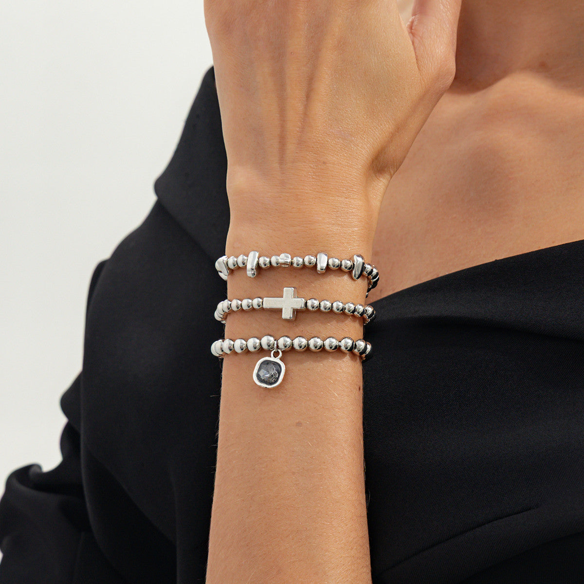 Planderful Vienna Verve Elastic Silver Beaded Bracelet Set With Personalized Gray Stone Pendant Cross For Her