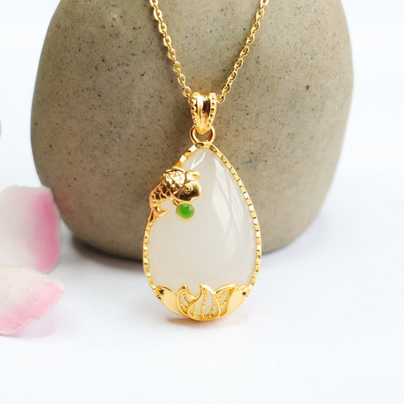 Jade Koi Necklace with Water Drop Hotan Jade Pendant