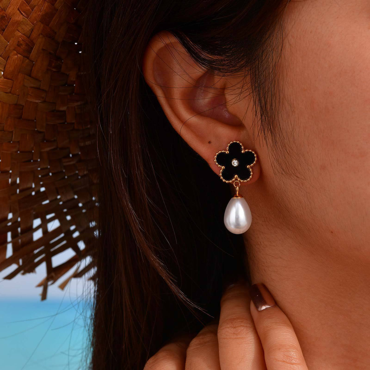 Stainless Steel Zircon Pearl Floral Earrings