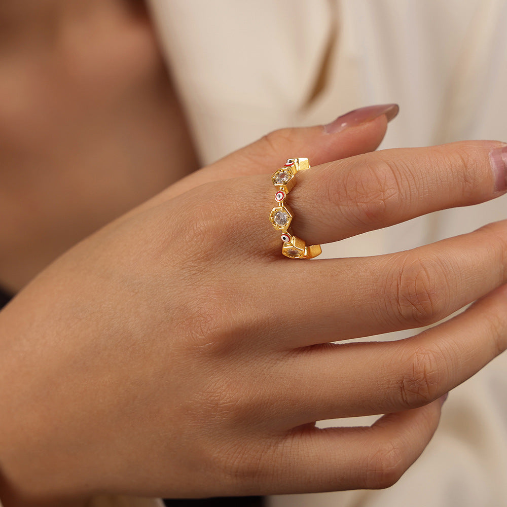 Fashionable Geometric Copper Open Ring with Zircon Glaze