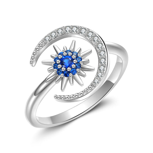 Round Blue Zircon Star Moon Opening Sterling Silver Ring