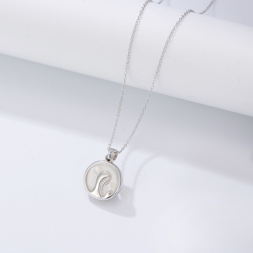 S925 Silver Natural White Shell Religious Prayer Necklace Virgin Mary Portrait Pendant