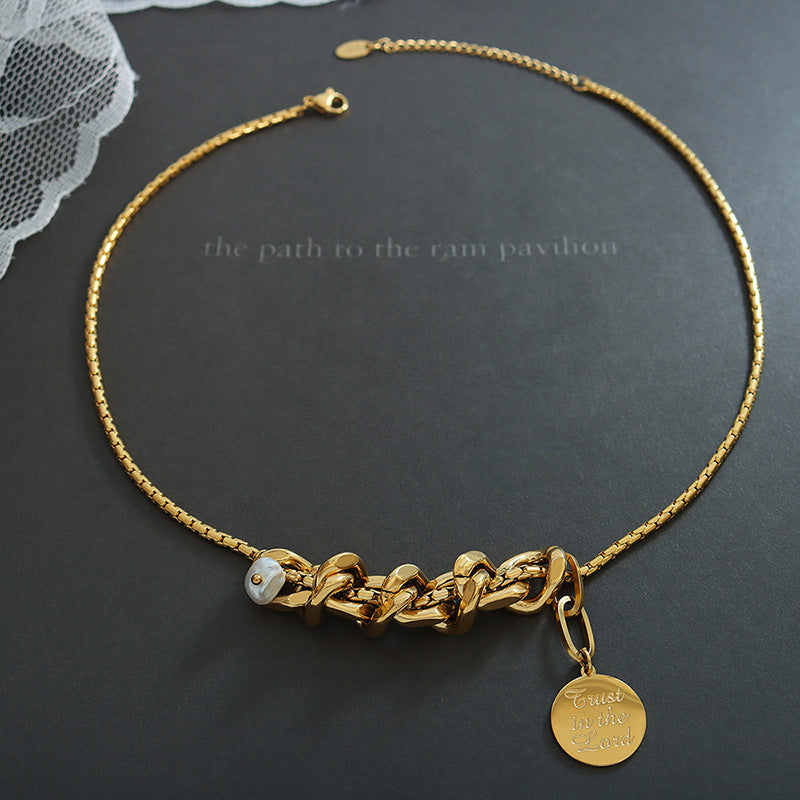 Urban Chic Geometric Freshwater Pearl Pendant Necklace with Cuban Chain