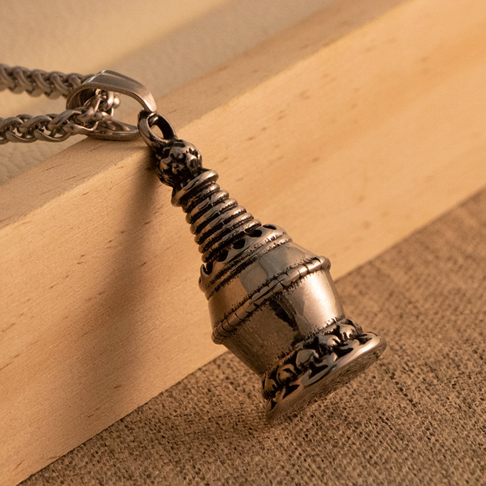 Titanium Steel Retro Stupa Relic Pendant with Lotus Base - Stylish Men's Necklace Accessory