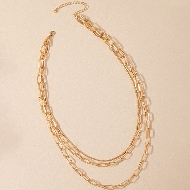 Exaggerated Triple-Layer Chain Necklace with Cuban Link - Hip-Hop Clavicle Chain
