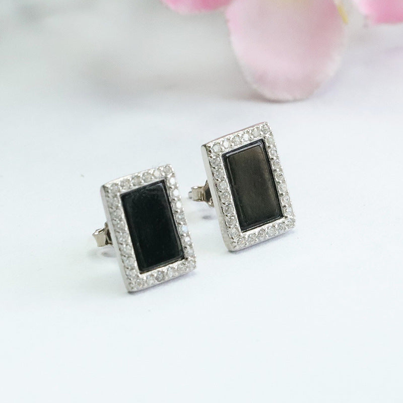 Dark Jadeite Square 925 Silver Stud Earrings