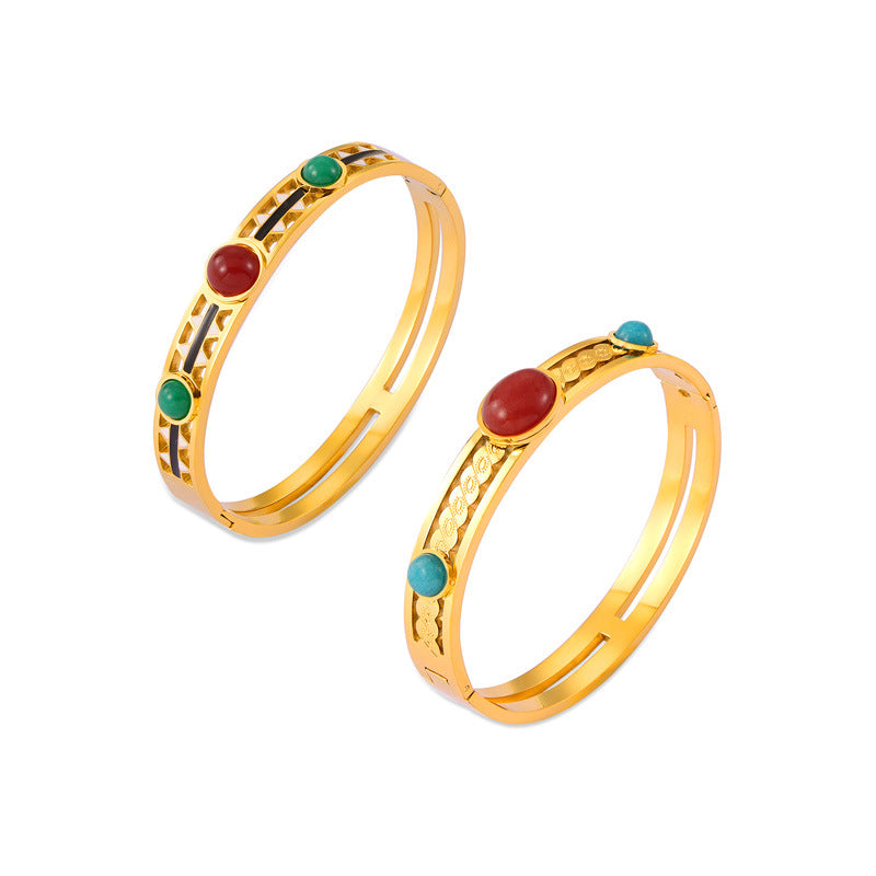 Golden Glaze Natural Stone Bracelet with Retro Design