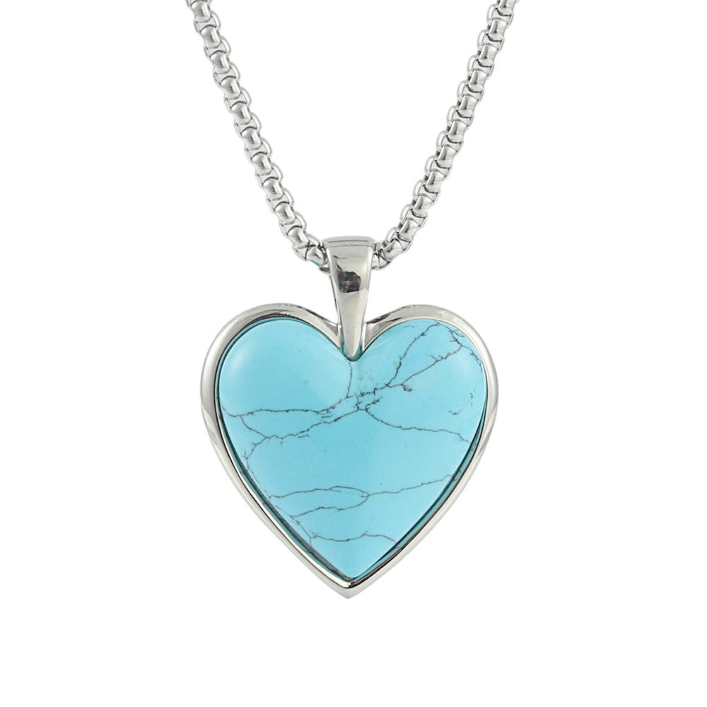 Trendy Retro Punk Necklace with Titanium Steel Heart-Shaped Turquoise Pendant