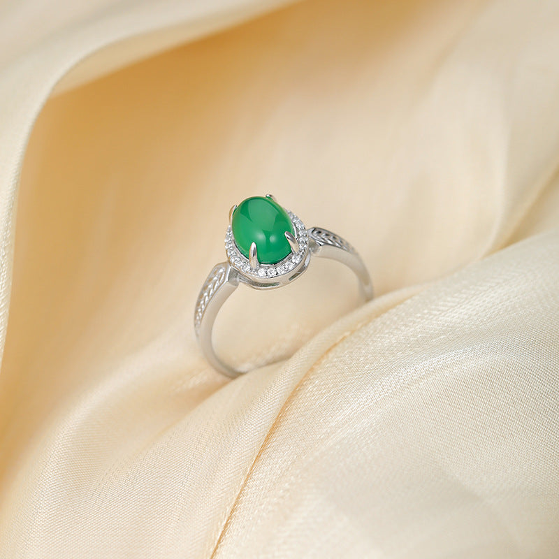 S925 Sterling Silver Natural Chalcedony Ring — Adjustable