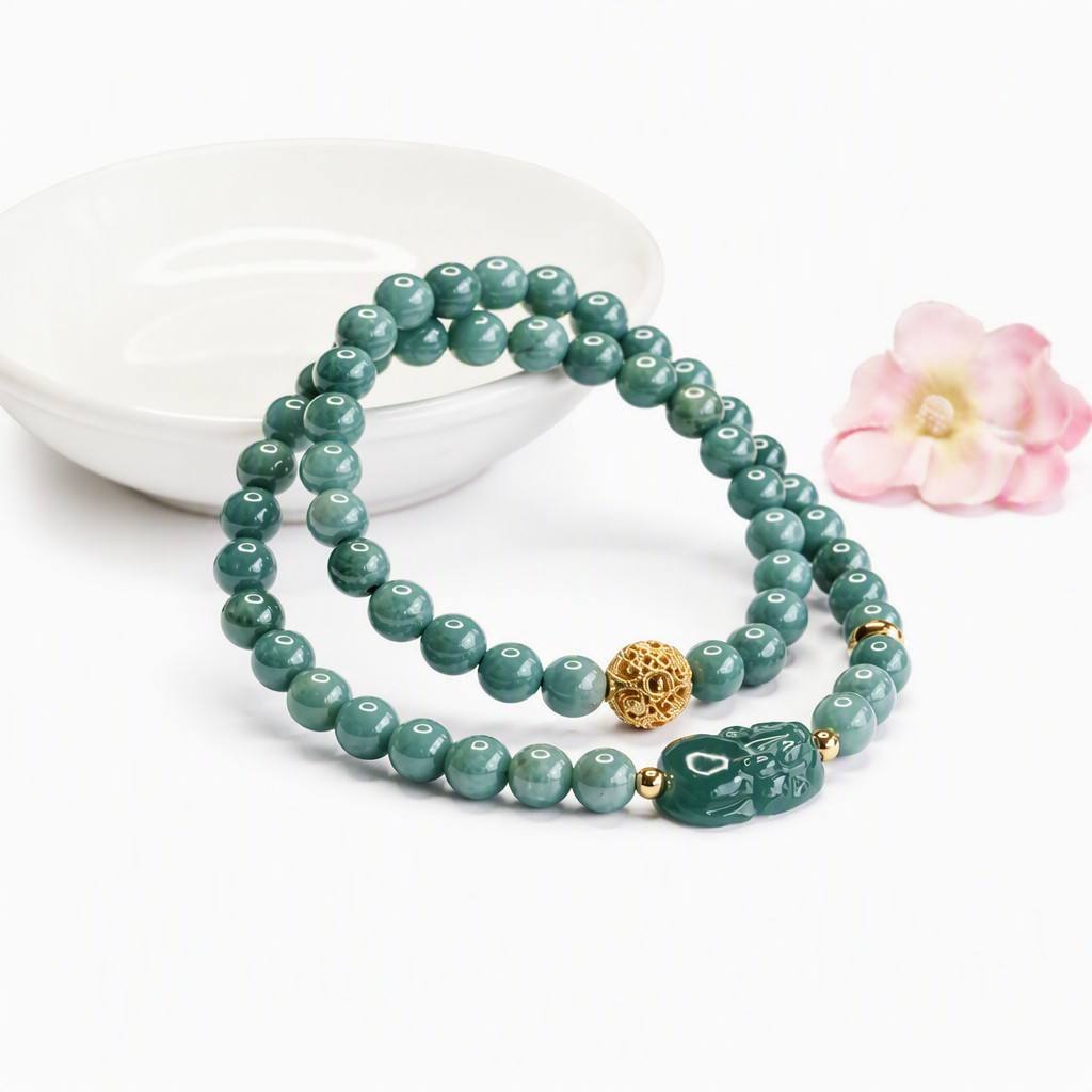 Blue Water Jadeite Pixiu & Double-Wrap Beaded Bracelet