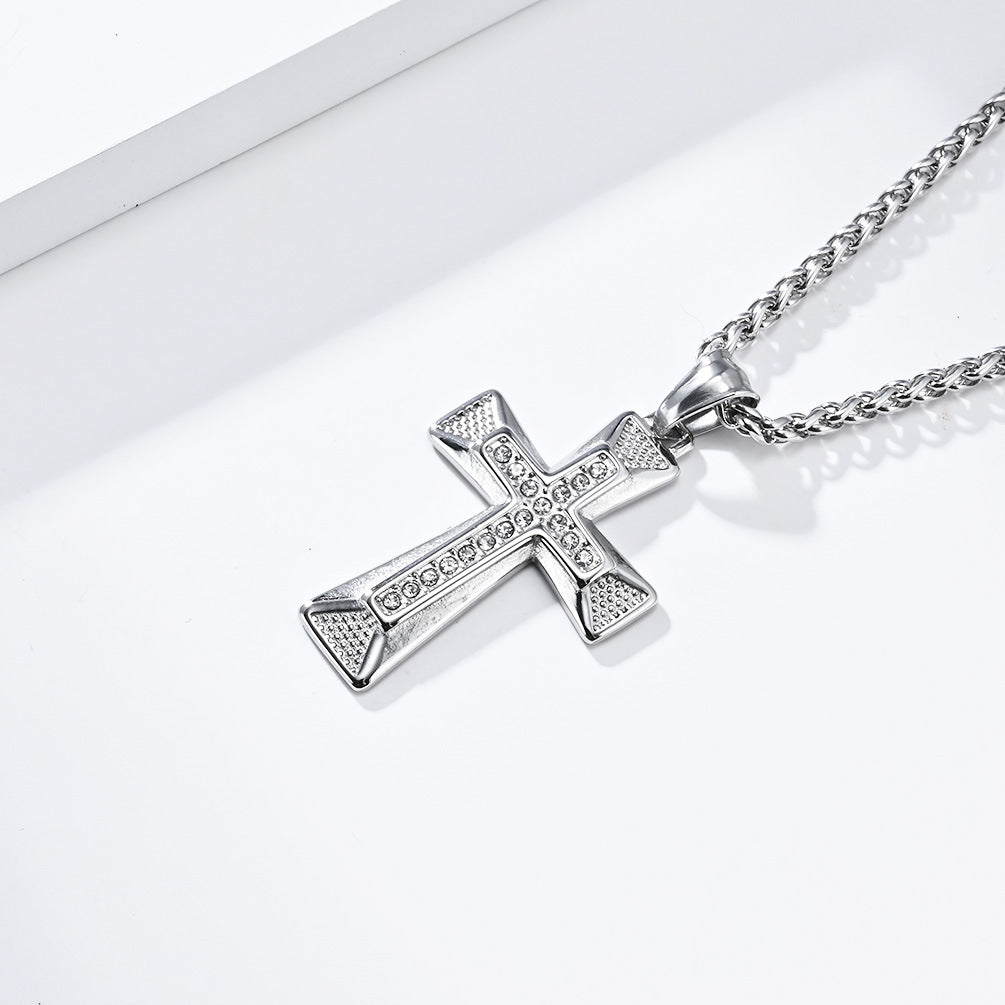 Planderful Cross Necklace Titanium Steel With Zircon Inlays Personalized Hip Hop Pendant Light Luxury