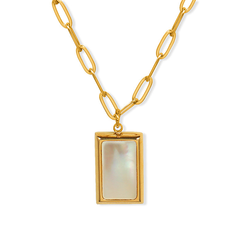 Opulent French Style Square White Poster Necklace - Elegant Titanium Gold Chain