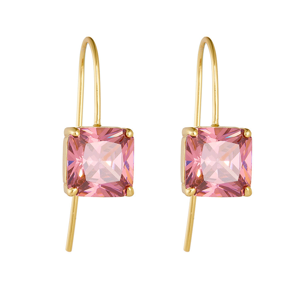 Retro Color Square Zircon Ear Hook Earrings Classic Sterling Silver Earrings