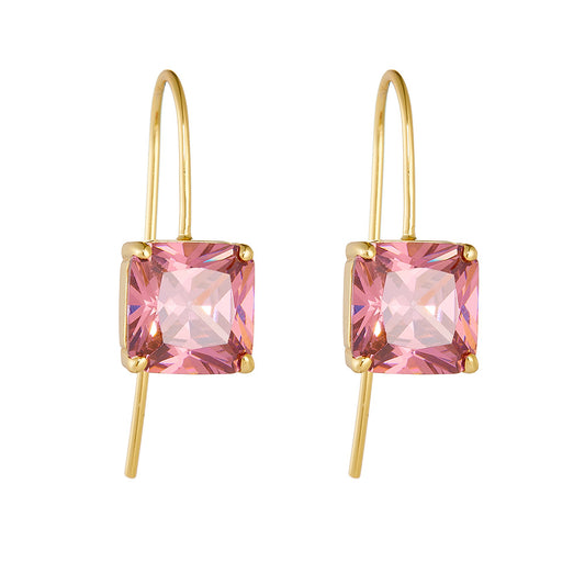 Retro Color Square Zircon Ear Hook Earrings Classic Sterling Silver Earrings