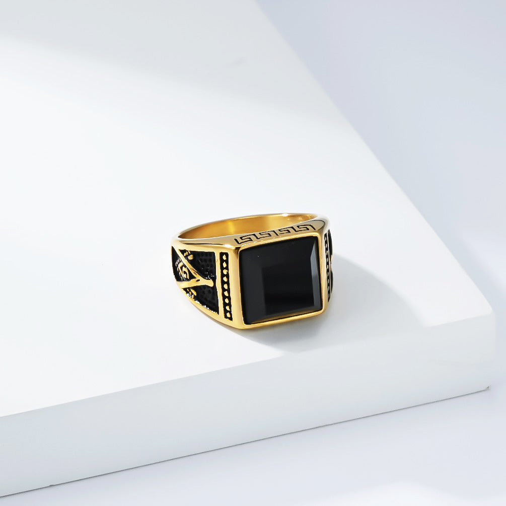 Planderful Freemason Ring Black Stone Stainless Steel Unisex Symbol Of Protection For Fraternity Members