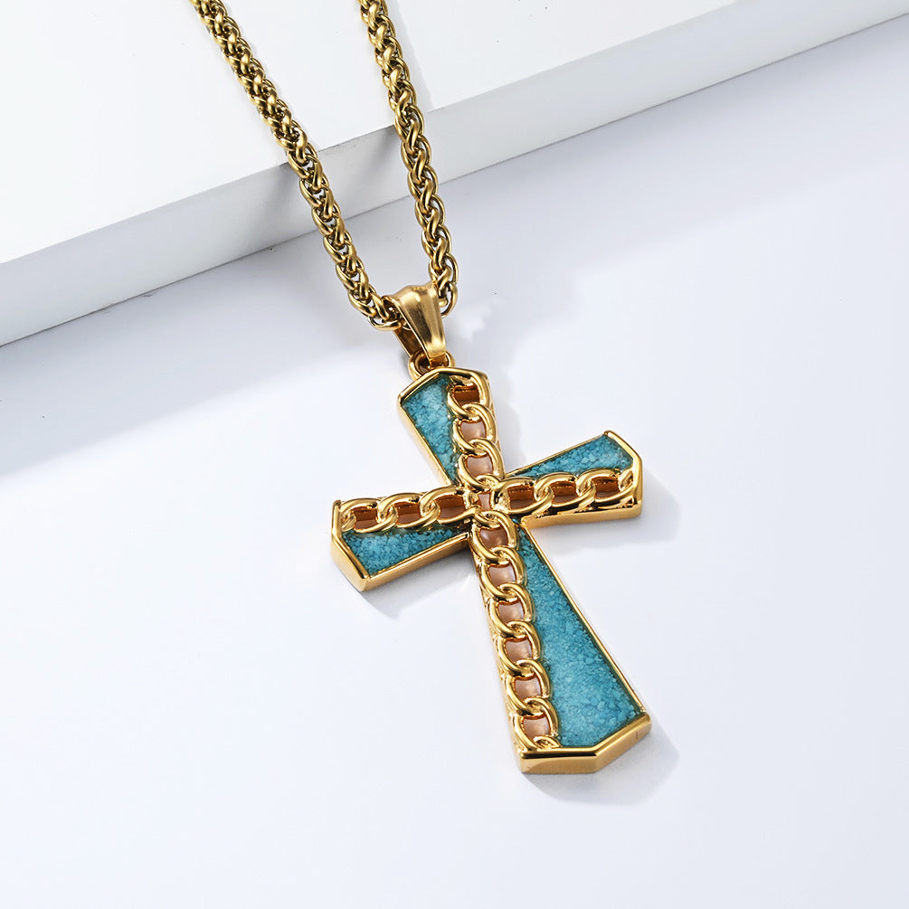 Turquoise Titanium Steel Cross Necklace For Men Unisex Nordic Style Pendant Protection Statement Planderful