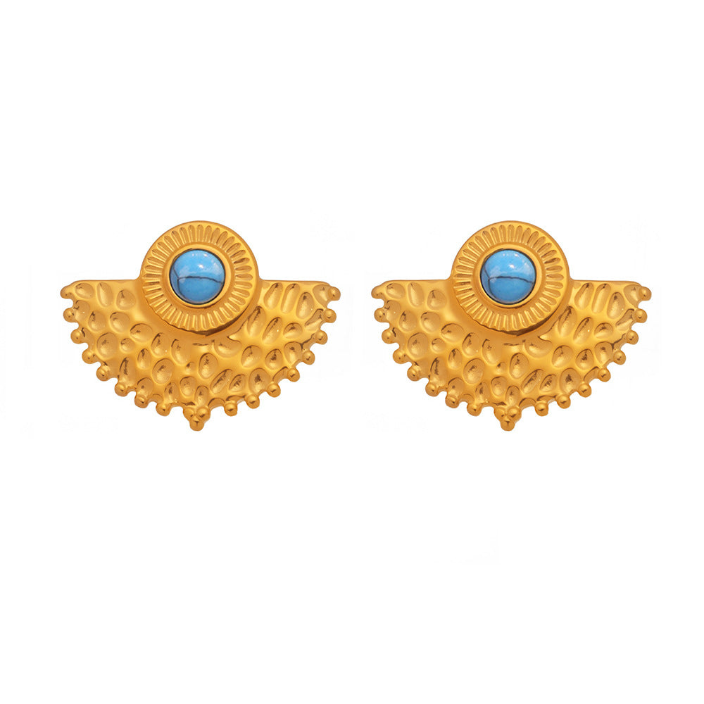 Turquoise Peacock Fan Stud Earrings 18K Gold Women