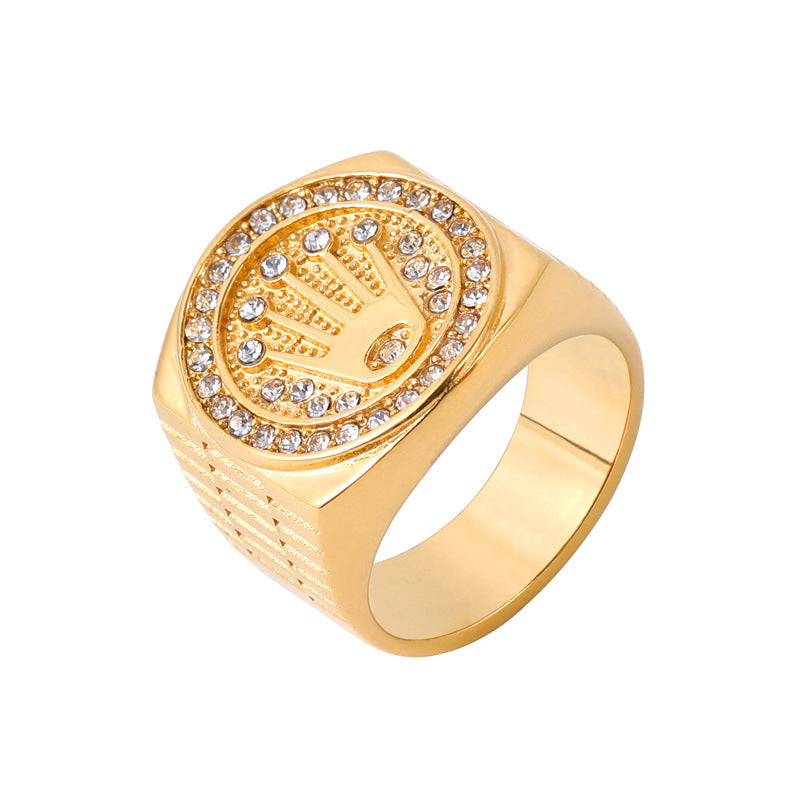 European and American Personality Retro Hip Hop Zircon Crown Men's Titanium Steel Ring With Zircon Detail