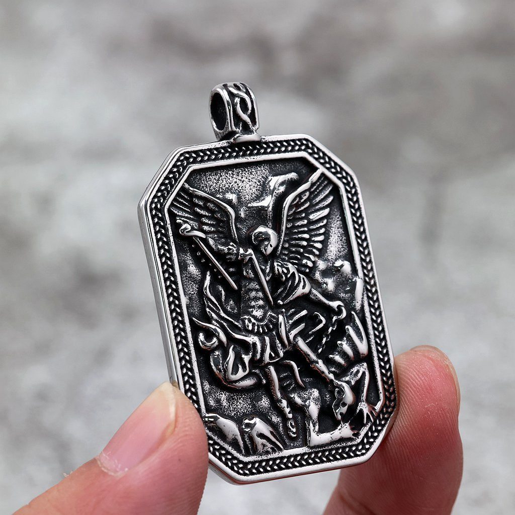 Vintage St. Michael Angel Stainless Steel Men's Pendant Necklace
