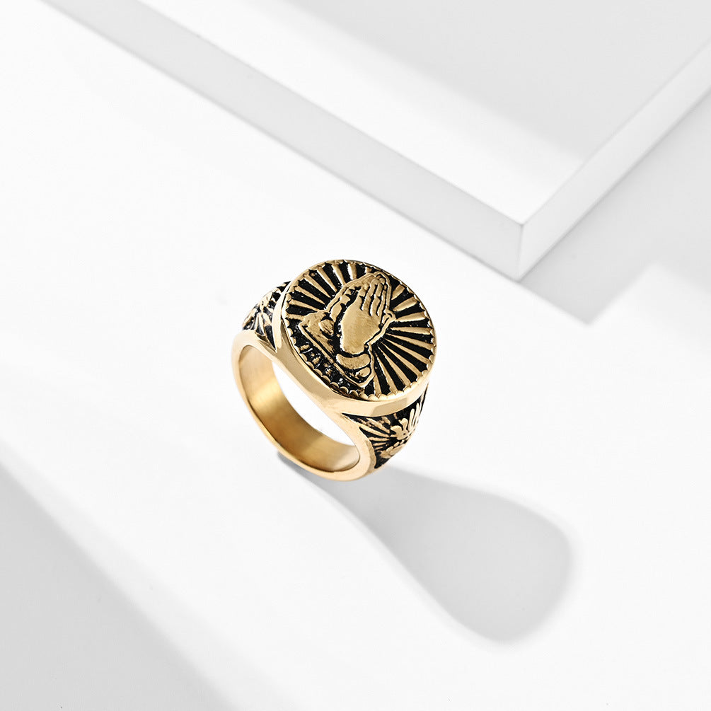 Planderful Titanium Steel 18K Gold Prayer Hand Men's Ring