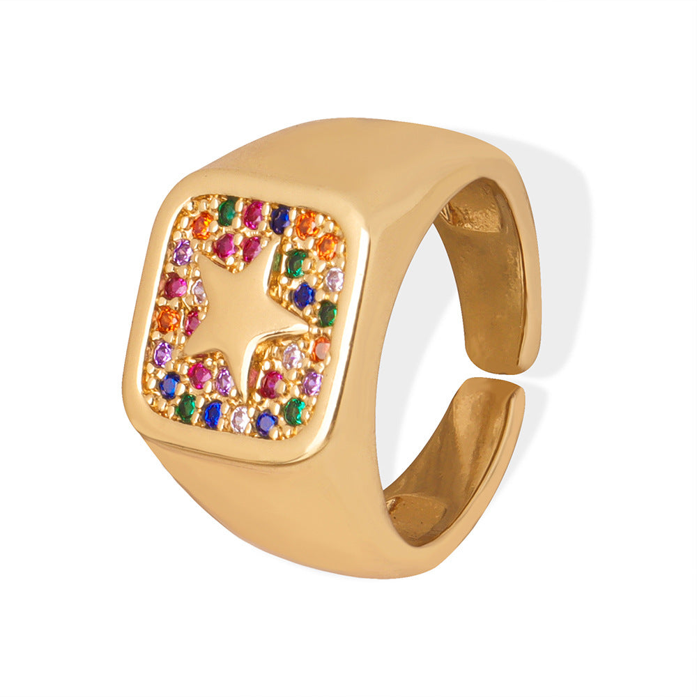 European Luxe Copper Square Zircon Star Open Ring - Women's Light Luxury Jewelry