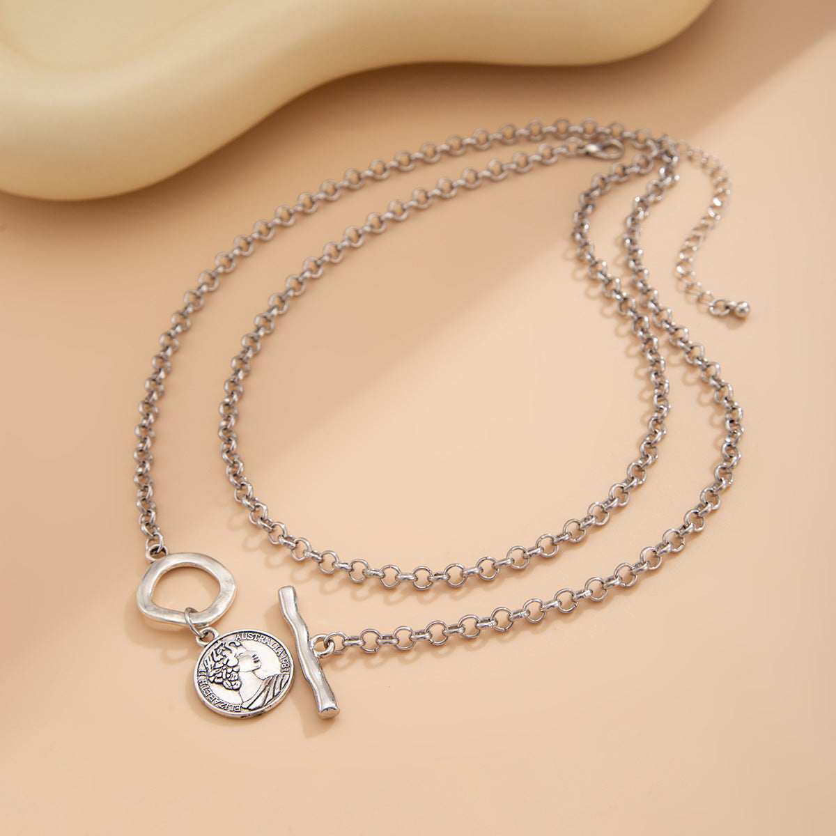 Vintage Portrait & Cross Layered Necklace Set