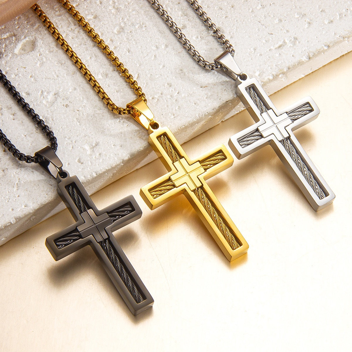 Trend cross titanium steel necklace steel wire punk versatile pendant European and American simple fashion men's pendant