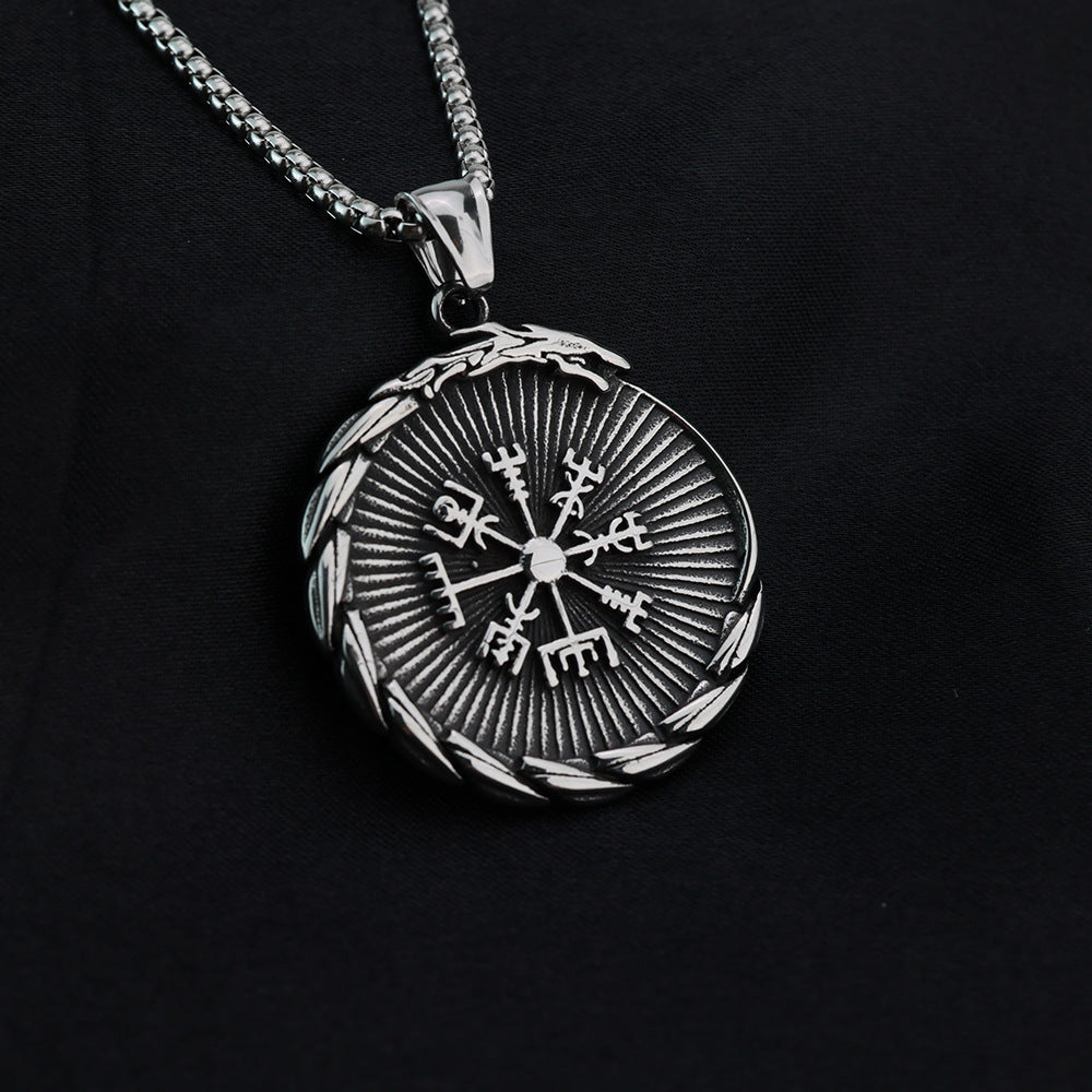 Vintage Nordic Men's Stainless Steel Viking Compass Pendant