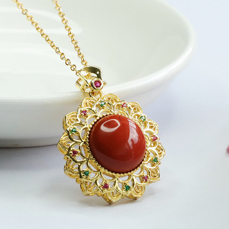 Southern Red Agate Zircon Sunflower Pendant Necklace
