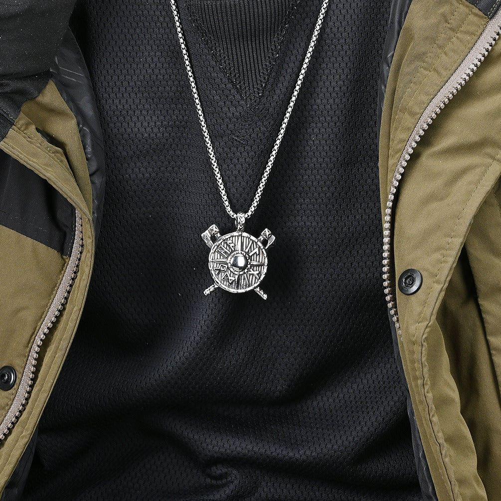 Planderful Viking Shield Axe Pendant Necklace For Men Unisex Stainless Steel Protection Statement