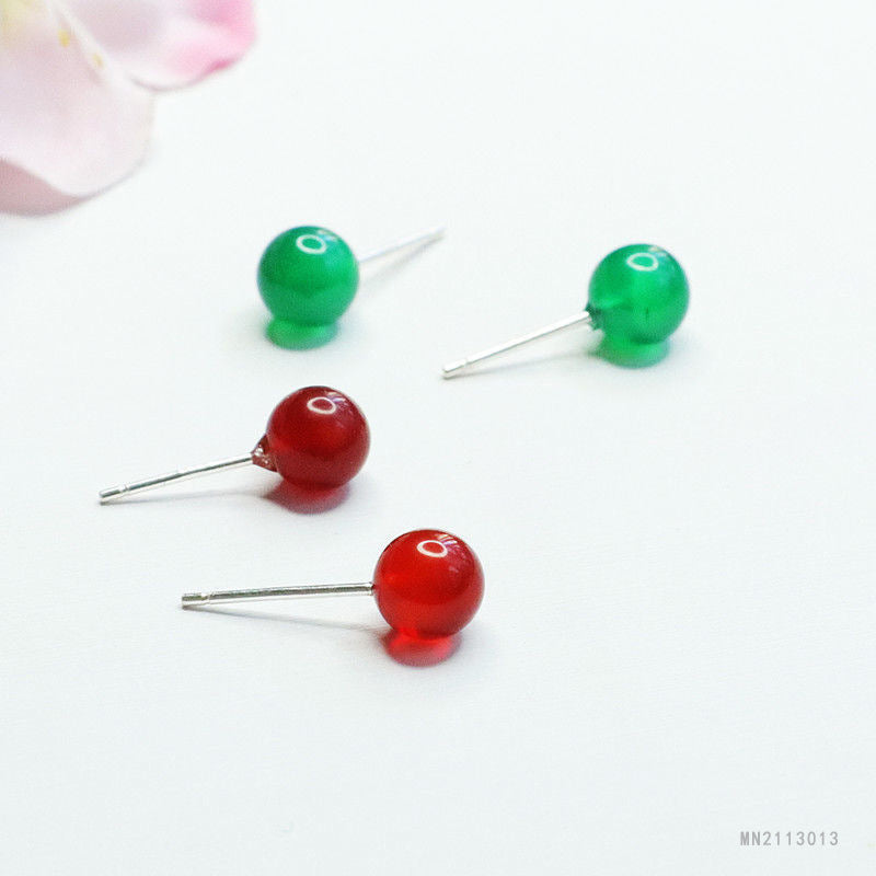 Red Agate & Green Chalcedony 925 Silver Stud Earrings — Two Pairs