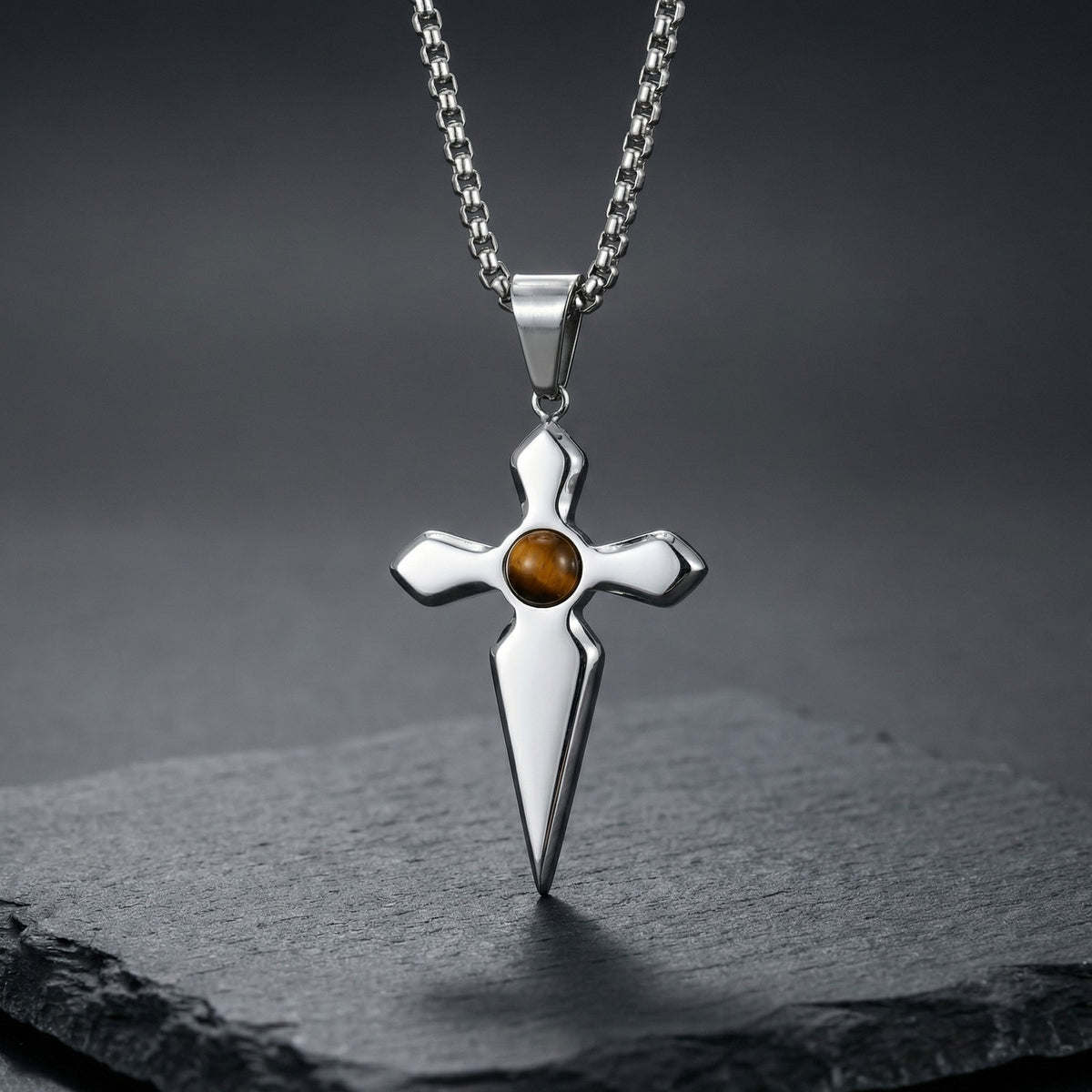 Cross Tiger's Eye Stainless Steel Pendant for Men