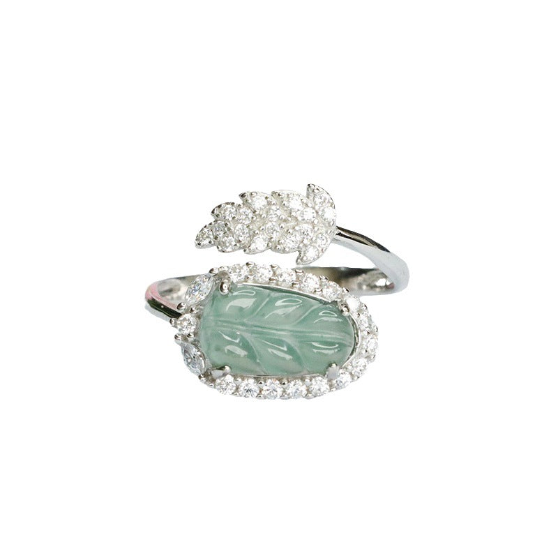 Sterling Silver Adjustable Natural Jade Leaf Ring