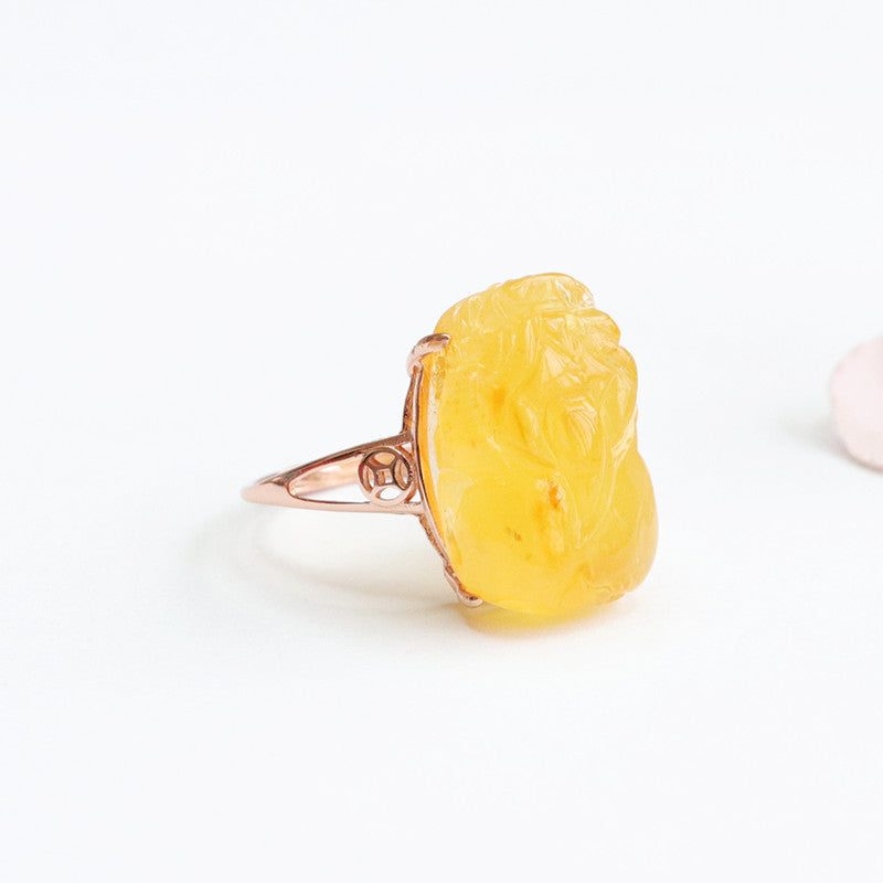 Sterling Silver Pixiu Ring with Genuine Beeswax Amber