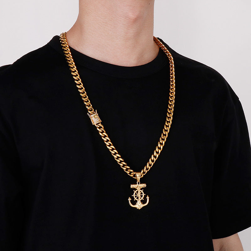Titanium Steel Necklace, Cross Anchor Pendant, Stainless Steel Men's Pendant