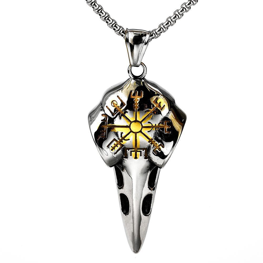 Vintage Stainless Steel Men's Pendant Viking Crow Compass Necklace